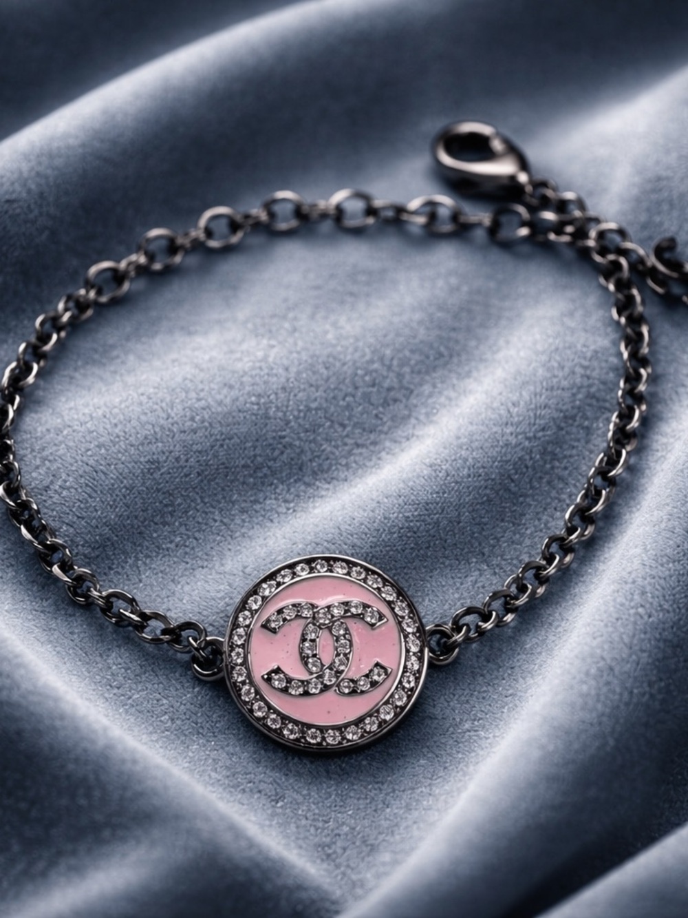 Pink Enamel CC Charm Bracelet with Crystal Halo